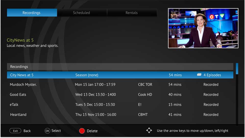 PVR screen displaying recorded shows